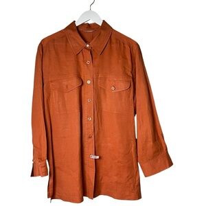 Linen Button Down Womens Tunic Top Lagenlook Boho Minimalist Size XL Orange